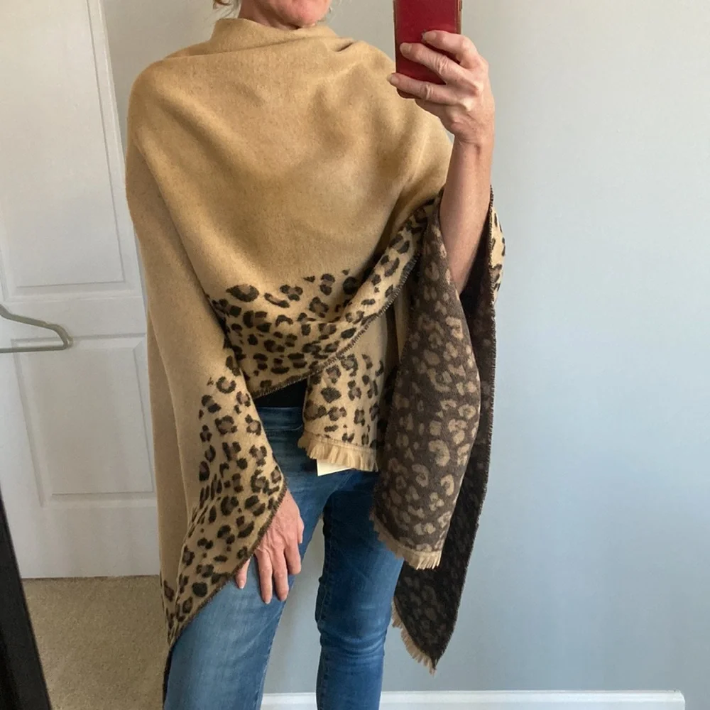 Tan & Animal Print Open Cardigan Sweater Kimono Wrap - Picture 9 of 10